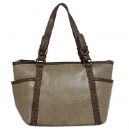 Tote Bag - 2-Side Pockets Leather-like Tote w/ Whipped & Buckled Straps - Gray - BG-MB1714GY